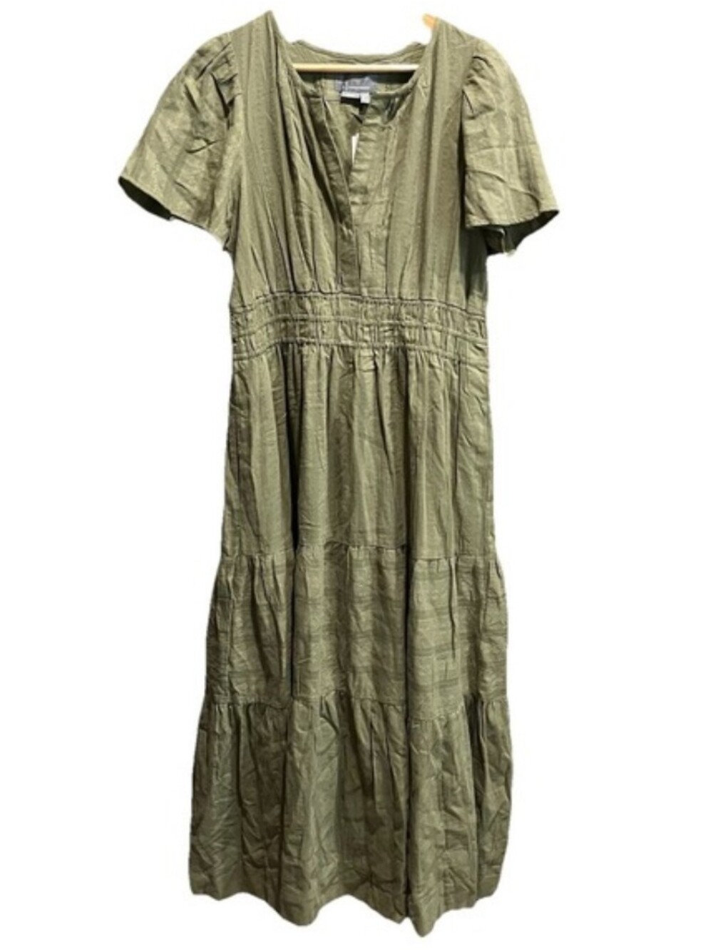 Anthropgie SomersetMoss Green Short Sleeve Tiered Maxi Dress. Medium.